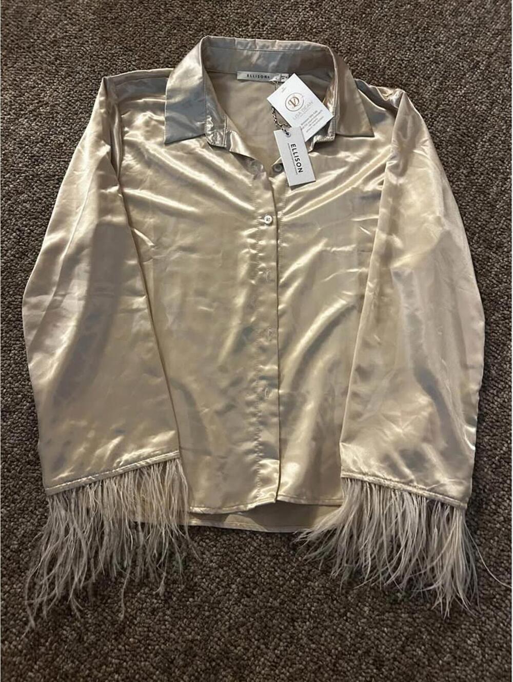 Ellison x Lisa Dean Satin Feather Trim Button Front Shirt, Size 10